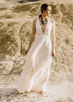 Ivory Chiffon Front Slit Criss Cross Back Sexy Wedding Dress